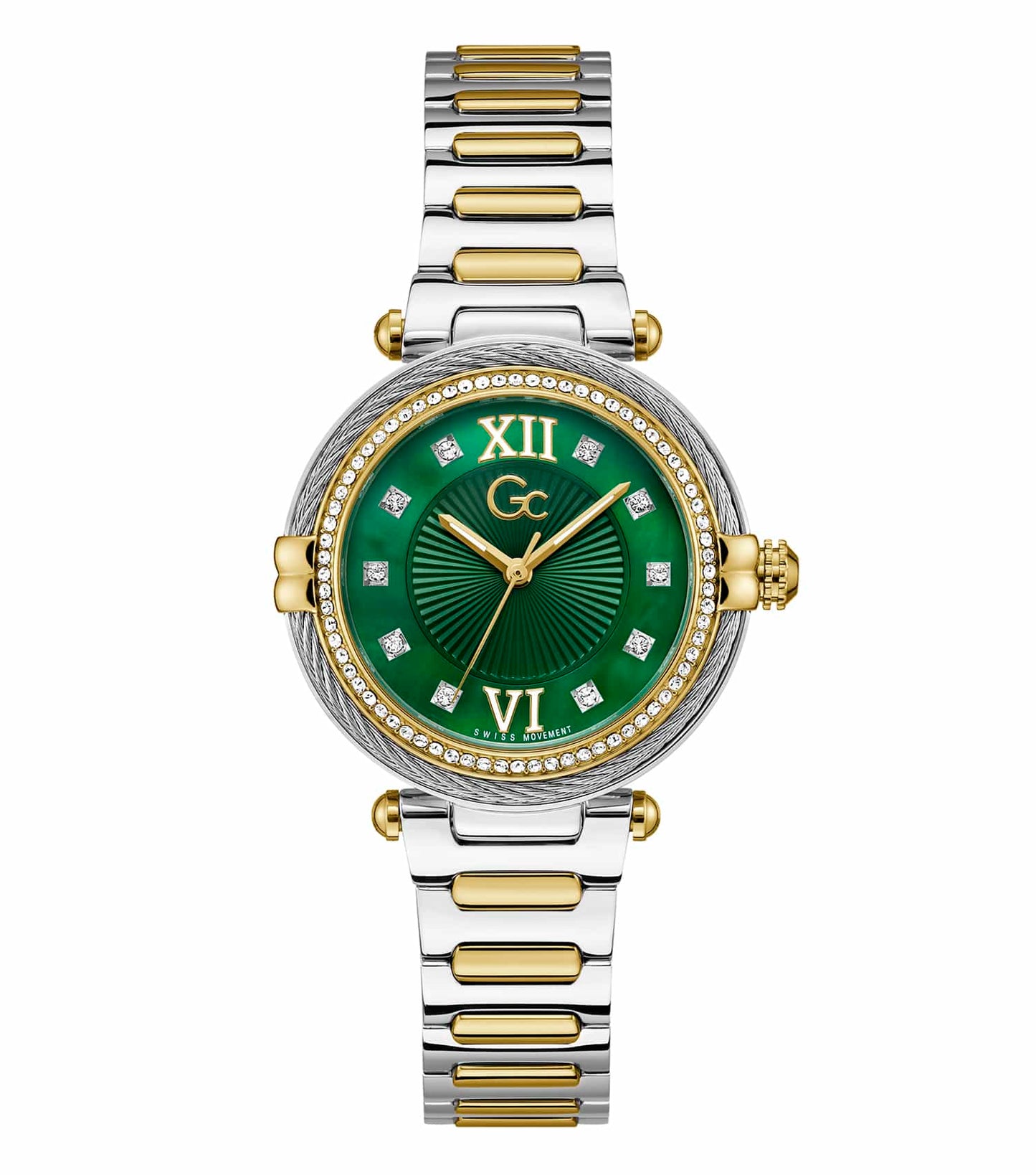 Elegant GC silver-tone watch showcasing minimalist design, captured front-facing, exuding timeless sophistication for style enthusiasts.