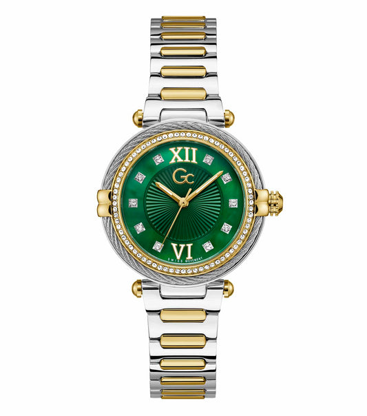 Elegant GC silver-tone watch showcasing minimalist design, captured front-facing, exuding timeless sophistication for style enthusiasts.