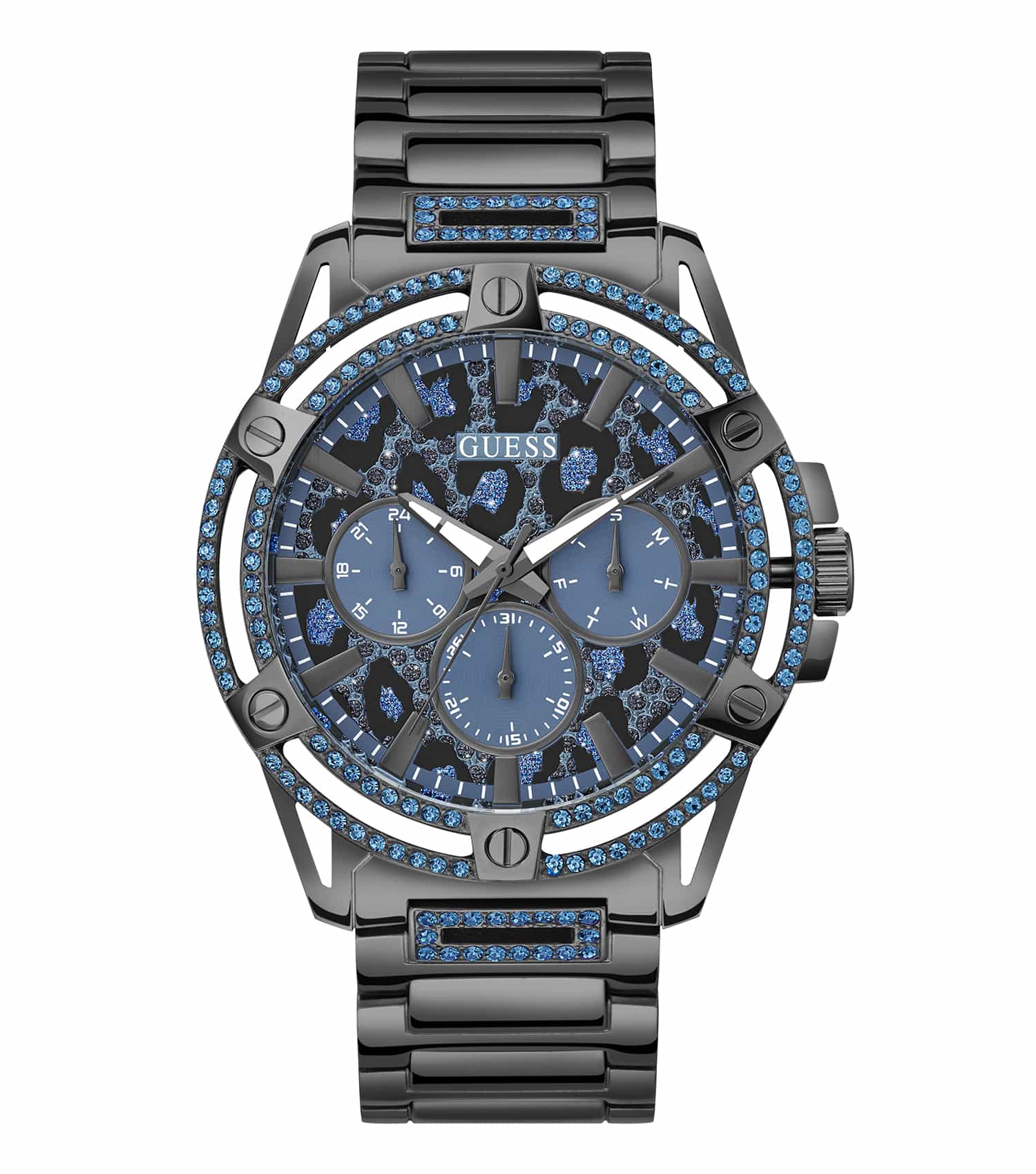 Passionately designed Guess watch in rose gold from side angle, featuring elegant dial, intricate details, and luxury style.