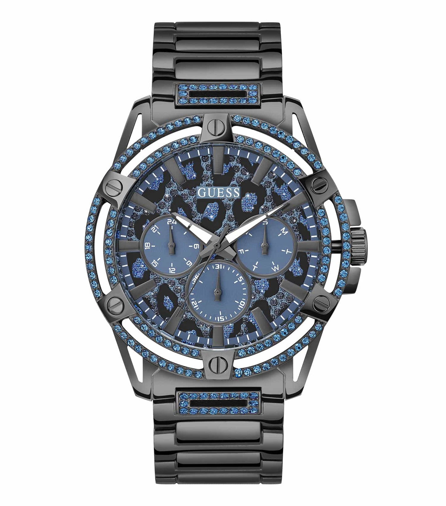 Passionately designed Guess watch in rose gold from side angle, featuring elegant dial, intricate details, and luxury style.