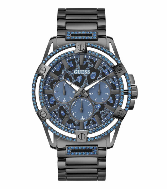 Passionately designed Guess watch in rose gold from side angle, featuring elegant dial, intricate details, and luxury style.