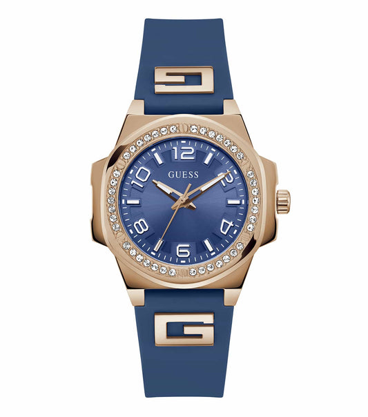 GUESS women's quartz watch with rose gold finish, 90-degree angle, showcasing elegant detailing and timepiece passion.