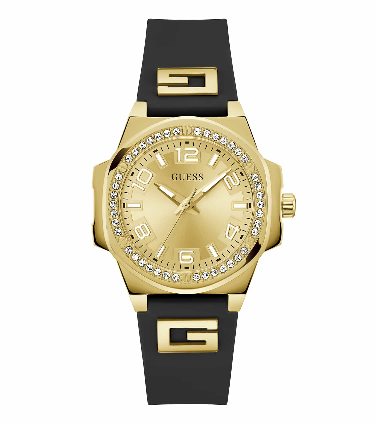 Elegant Guess black watch with gold accents, showcasing an intricate dial and sleek profile, positioned at a 36-degree angle.