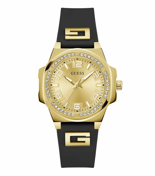 Elegant Guess black watch with gold accents, showcasing an intricate dial and sleek profile, positioned at a 36-degree angle.