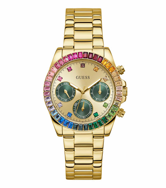 GUESS Halo Gold Watch with Pink Dial, showcased in a side angle view, elegant blend of style and precision, iconic fashion accessory.
