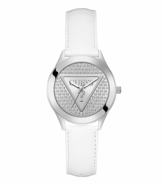 GUESS watch in glitz color displayed at a 3/4 angle, showcasing its radiant face, gold accents, and elegant design.