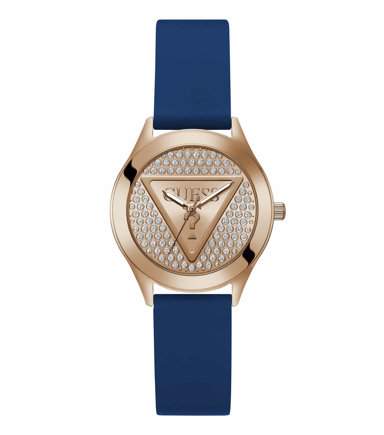 GUESS Watch in rose gold GW0745L4 angled from top right, showcasing elegant design and black dial; fashion-forward accessory.