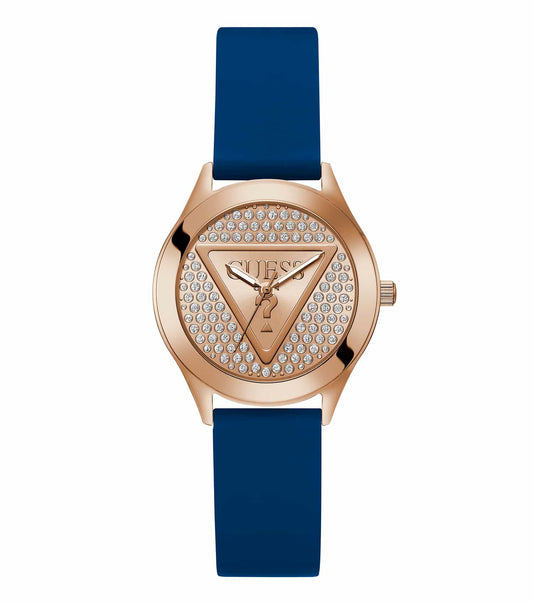 GUESS Watch in rose gold GW0745L4 angled from top right, showcasing elegant design and black dial; fashion-forward accessory.