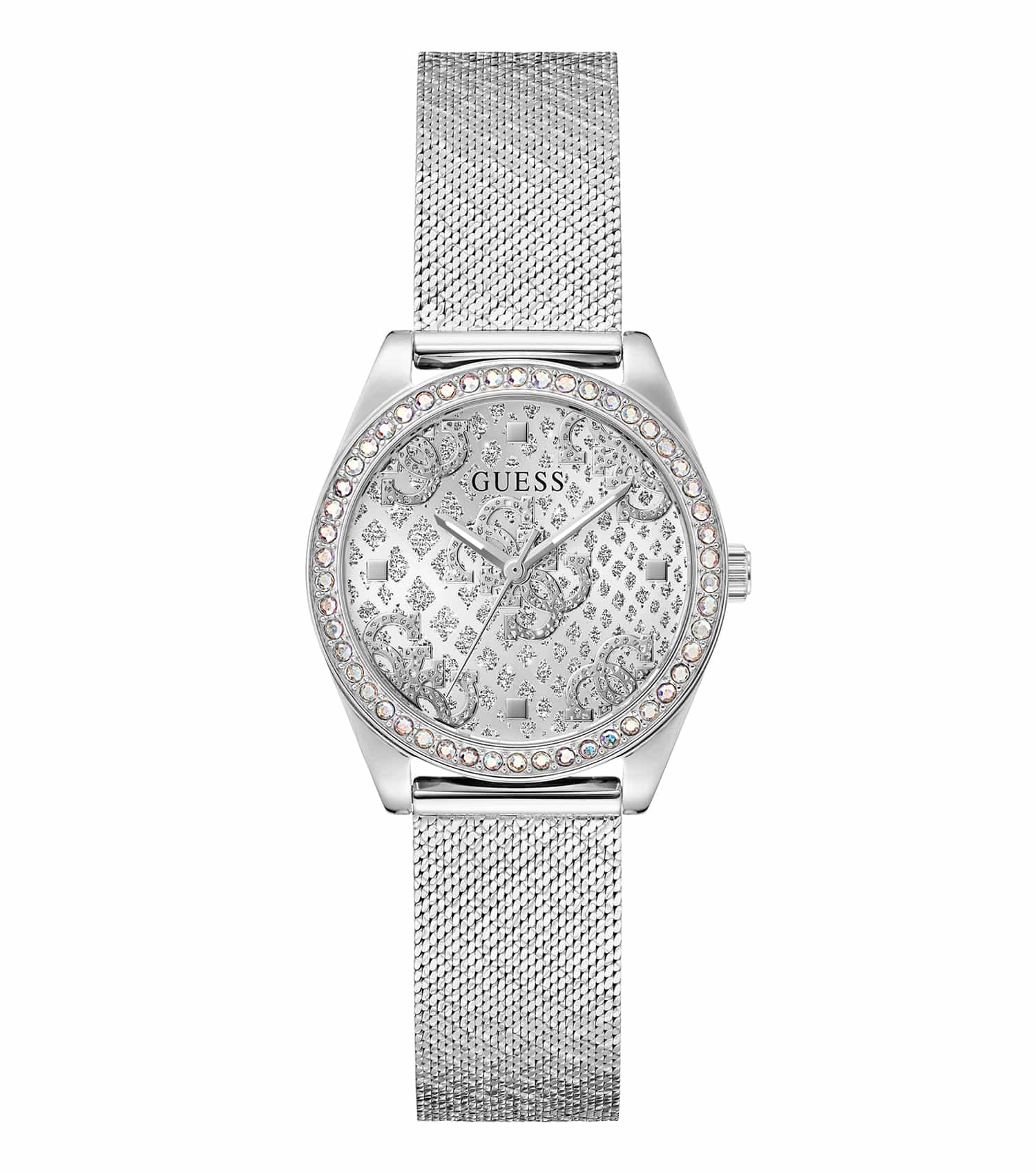 GUESS women's metallic Boa-colored watch, sleek design captured at a dynamic angle, showcasing its elegant face and smooth strap.