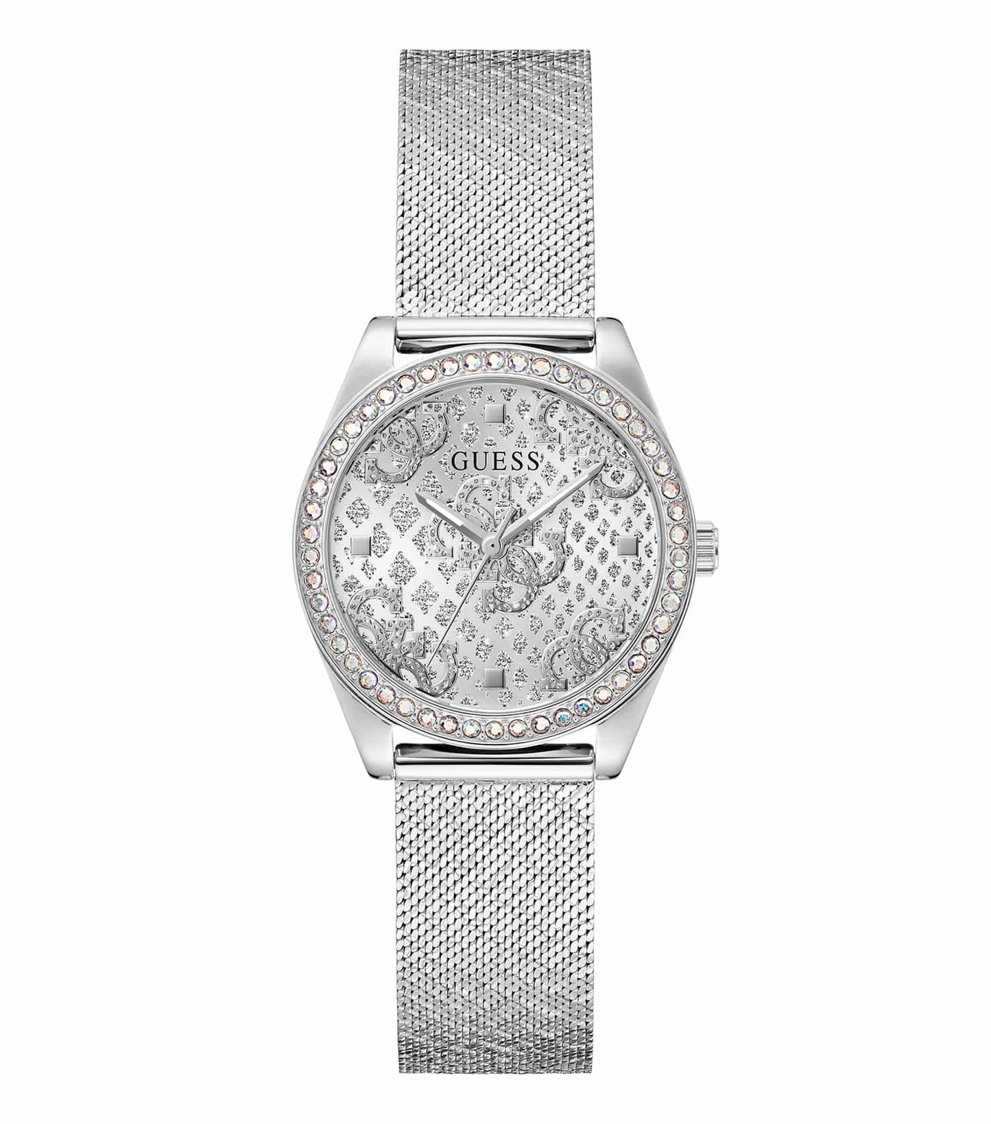GUESS women's metallic Boa-colored watch, sleek design captured at a dynamic angle, showcasing its elegant face and smooth strap.