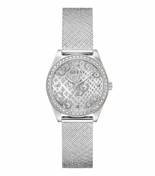 GUESS women's metallic Boa-colored watch, sleek design captured at a dynamic angle, showcasing its elegant face and smooth strap.