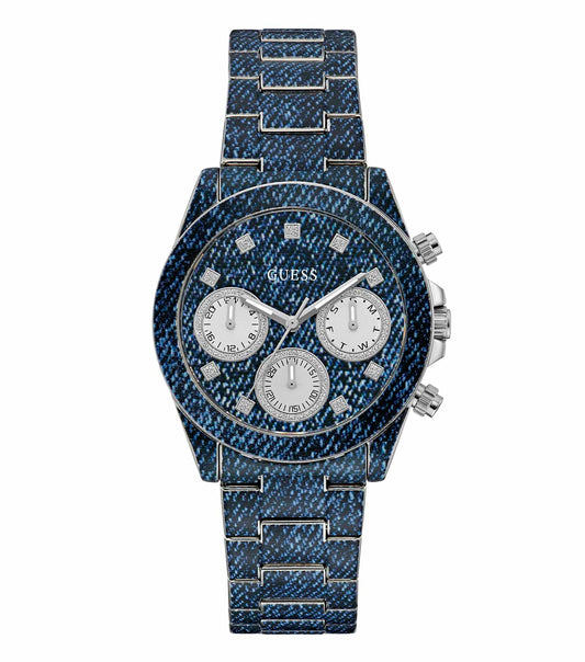 Indigo GUESS watch with sparkling details, photographed at a 38-degree angle, showcasing its elegant design and craftsmanship.