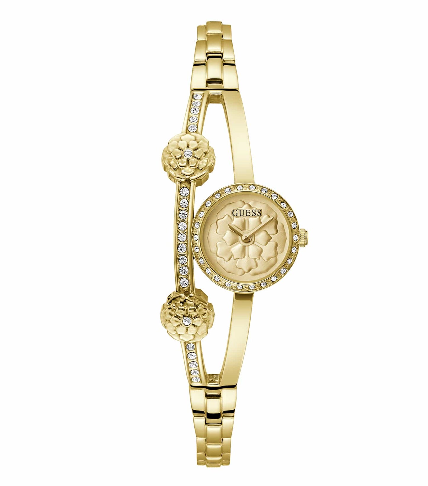 GUESS watch in a sleek rose gold finish, showcasing its elegant round face at a slight angle with visible band details and sophistication.