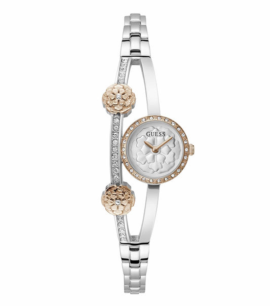 Guess Quartz women's watch with rose gold-tone bracelet and glittering dial, angled slightly to show side profile.