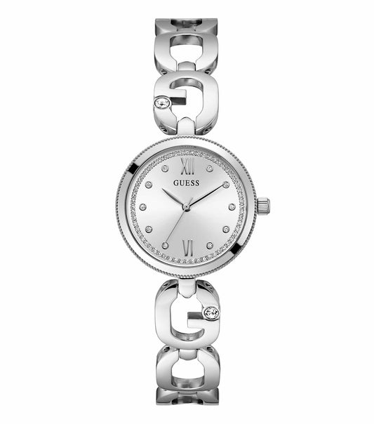 Elegant GUESS quartz watch in quartz color displayed at a 30-degree angle, highlighting sleek design and luxurious watch face.