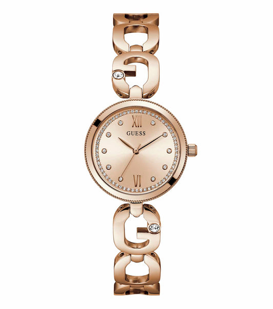GUESS quartz-colored watch, front view, featuring a sleek silver strap, minimalist dial, and elegant Guess branding.