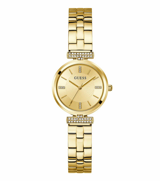 Elegant gold-tone Guess watch GW0762L2, facedown angle, showcasing its sleek design and minimalist black dial on a reflective surface.