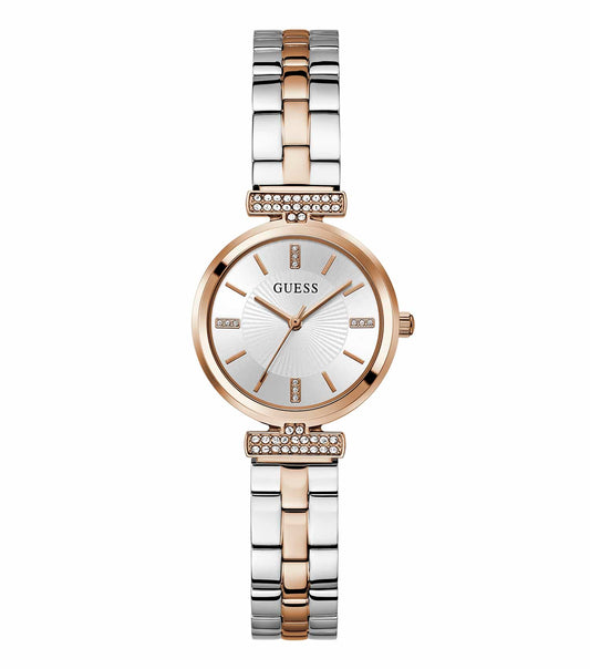 Passionate about the GUESS rose gold watch, angled with a close-up view showcasing its exquisite band and elegant dial design.