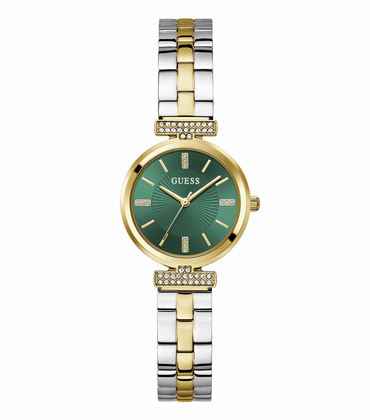 Sleek purple GUESS watch GW0762L6 with a stainless steel strap, displayed at a 28-degree angle against a white background.