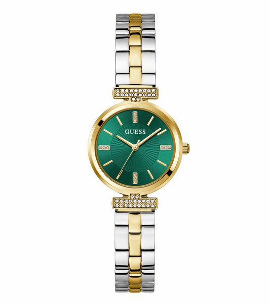 Sleek purple GUESS watch GW0762L6 with a stainless steel strap, displayed at a 28-degree angle against a white background.