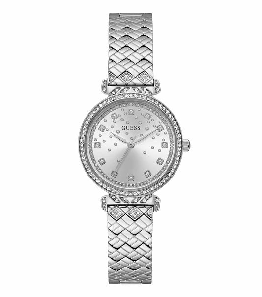 Guess gold watch with crystal-studded bezel, seen from a dynamic 32-degree angle, showcasing its elegance and style.