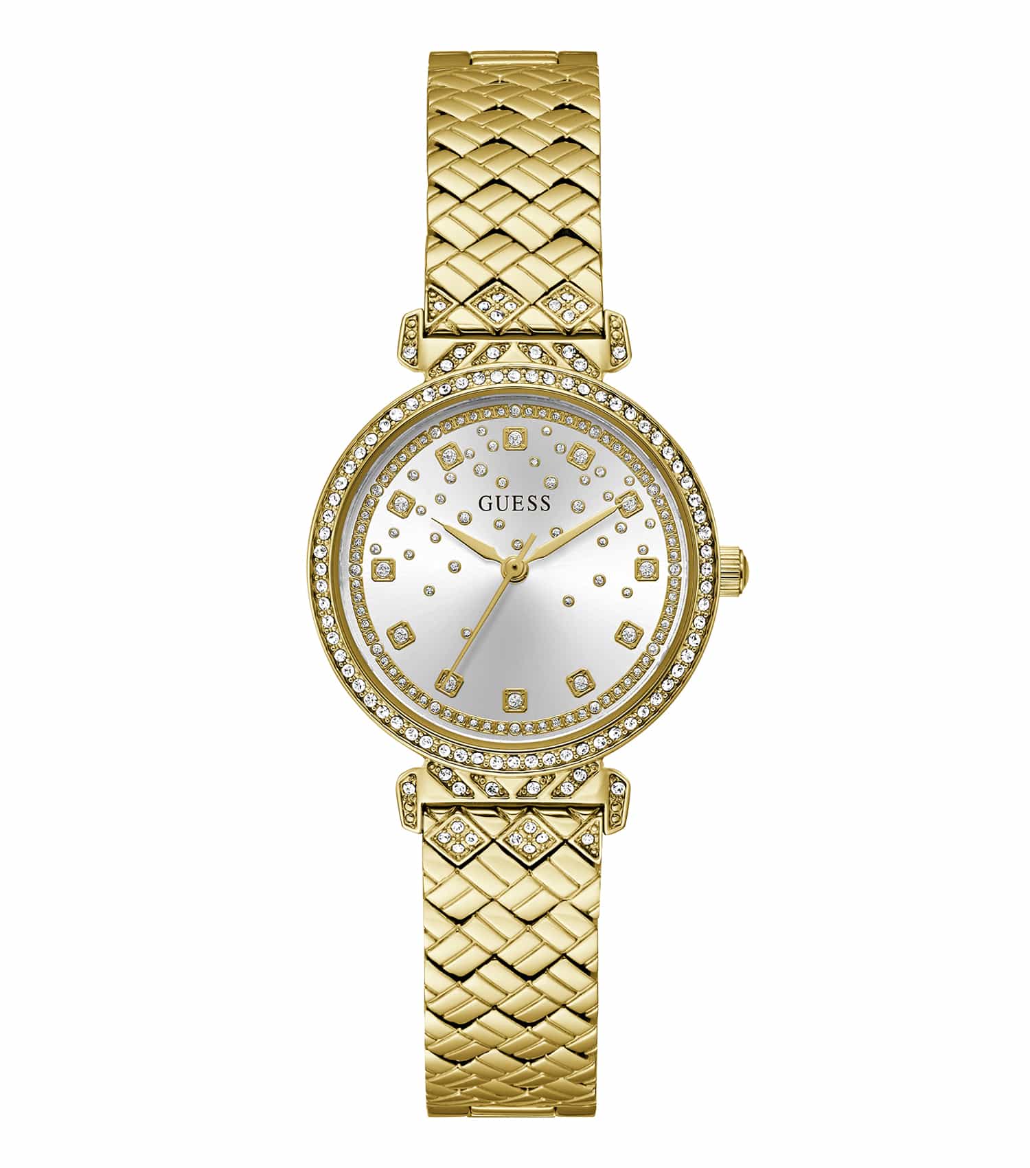 Elegant Guess watch in none color, showcasing a round dial and gold bezel at an angled side view, highlighting luxury design.