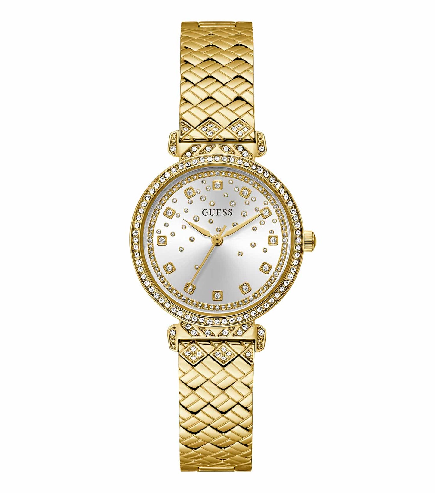 Elegant Guess watch in none color, showcasing a round dial and gold bezel at an angled side view, highlighting luxury design.