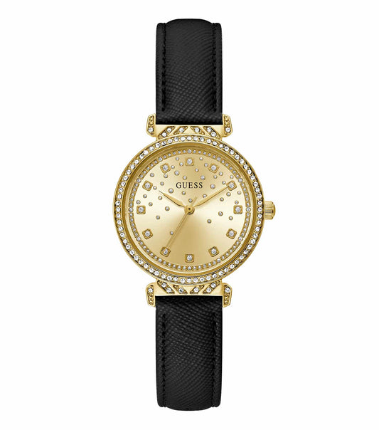 Guess gold-tone women’s watch featuring a minimalist dial design; side angle view highlights the elegant bracelet strap.