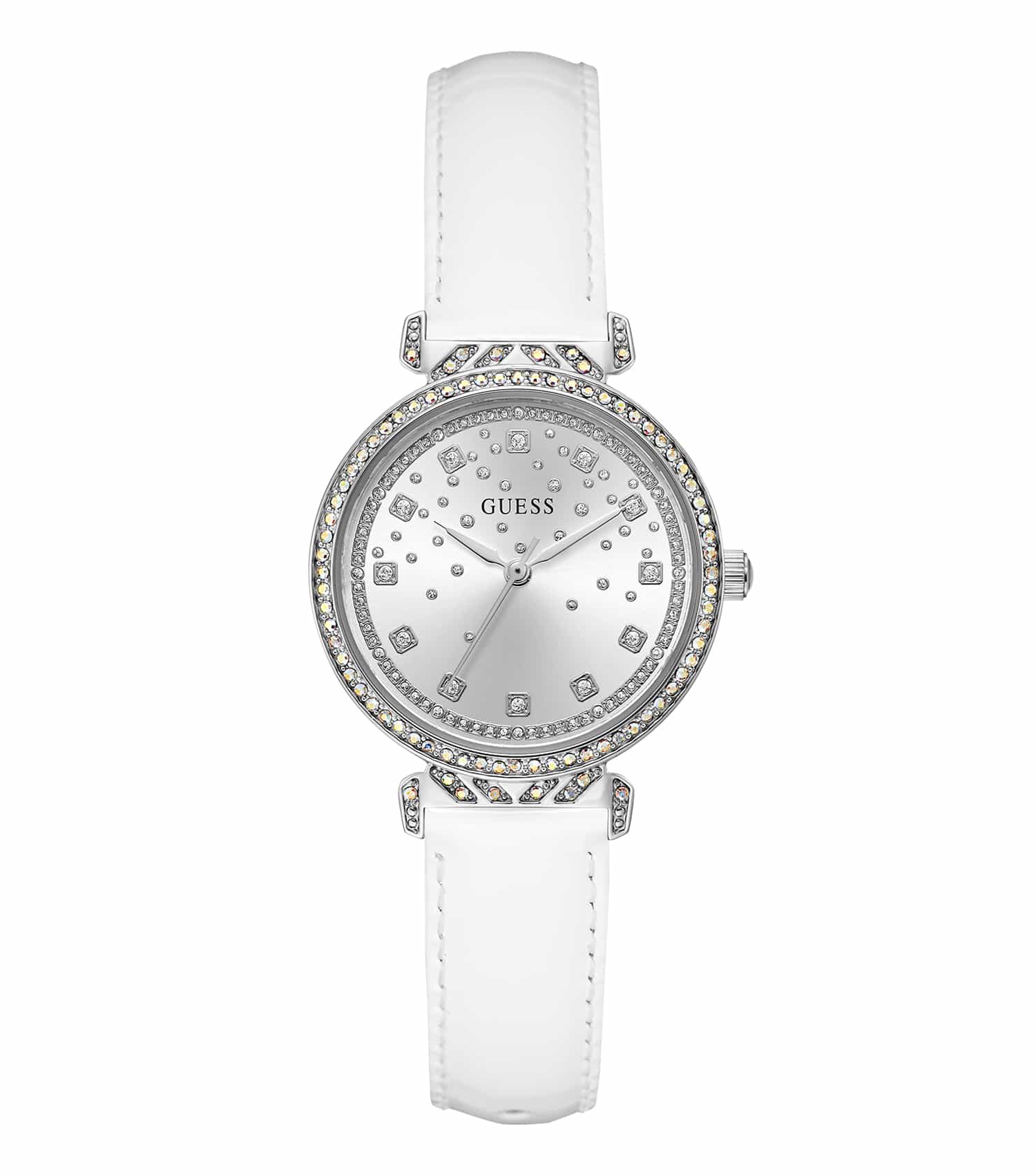 Side view of elegant Guess women's watch in quartz color with a sleek round dial and shimmering strap, epitomizing luxury.