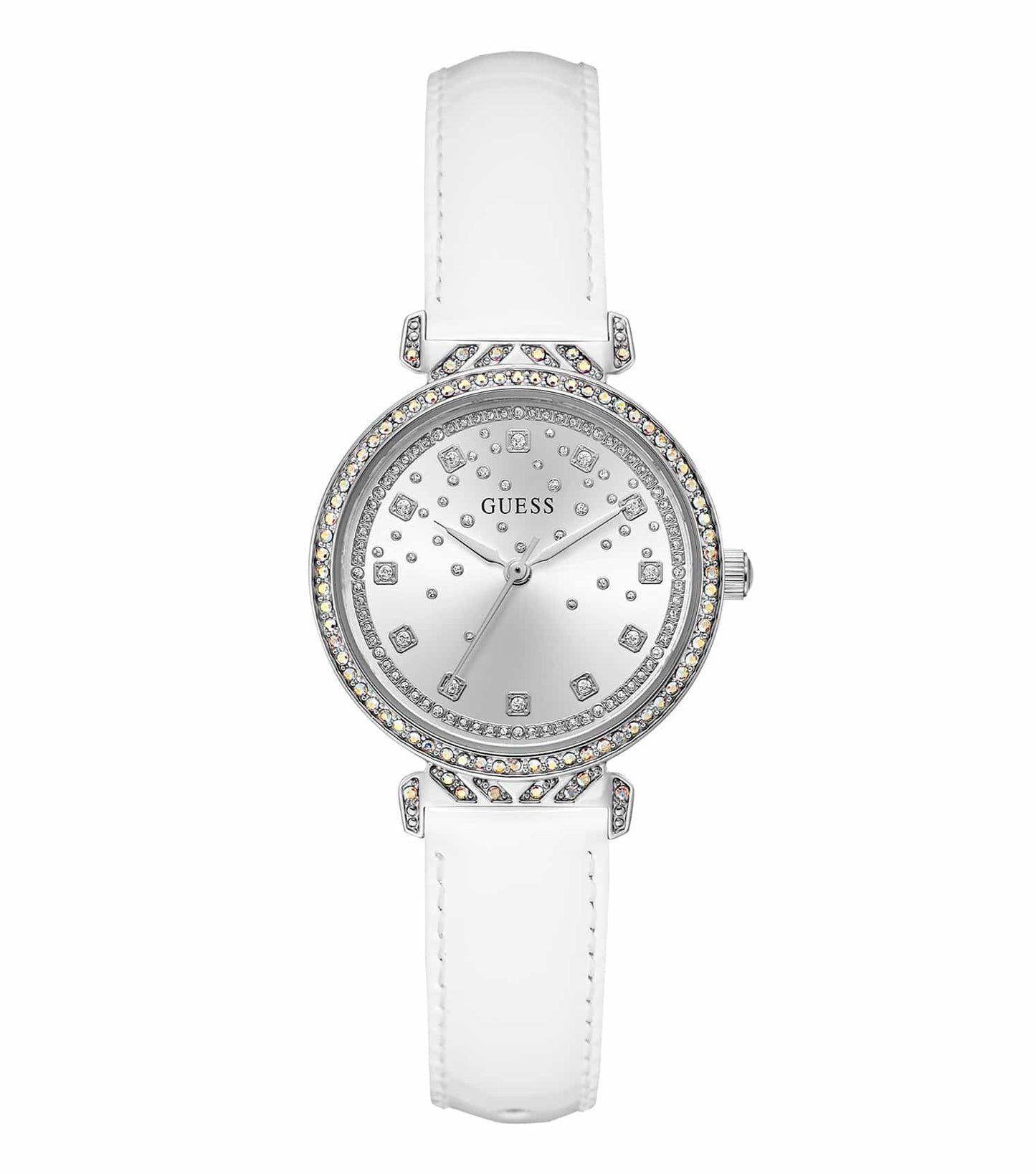 Side view of elegant Guess women's watch in quartz color with a sleek round dial and shimmering strap, epitomizing luxury.