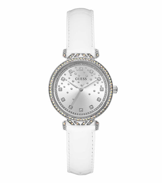 Side view of elegant Guess women's watch in quartz color with a sleek round dial and shimmering strap, epitomizing luxury.