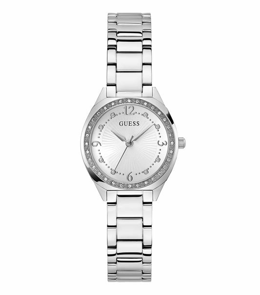 GUESS watch GW0767L1 in none color, with a sleek silver-tone bracelet, viewed at a dynamic angle, exuding timeless elegance.