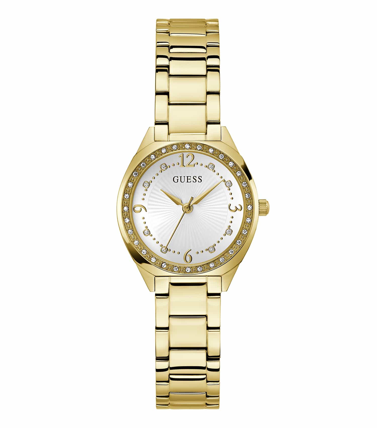Guess quartz women's watch with a sparkling gold-tone design, elegant round face, and side view highlighting precise craftsmanship.