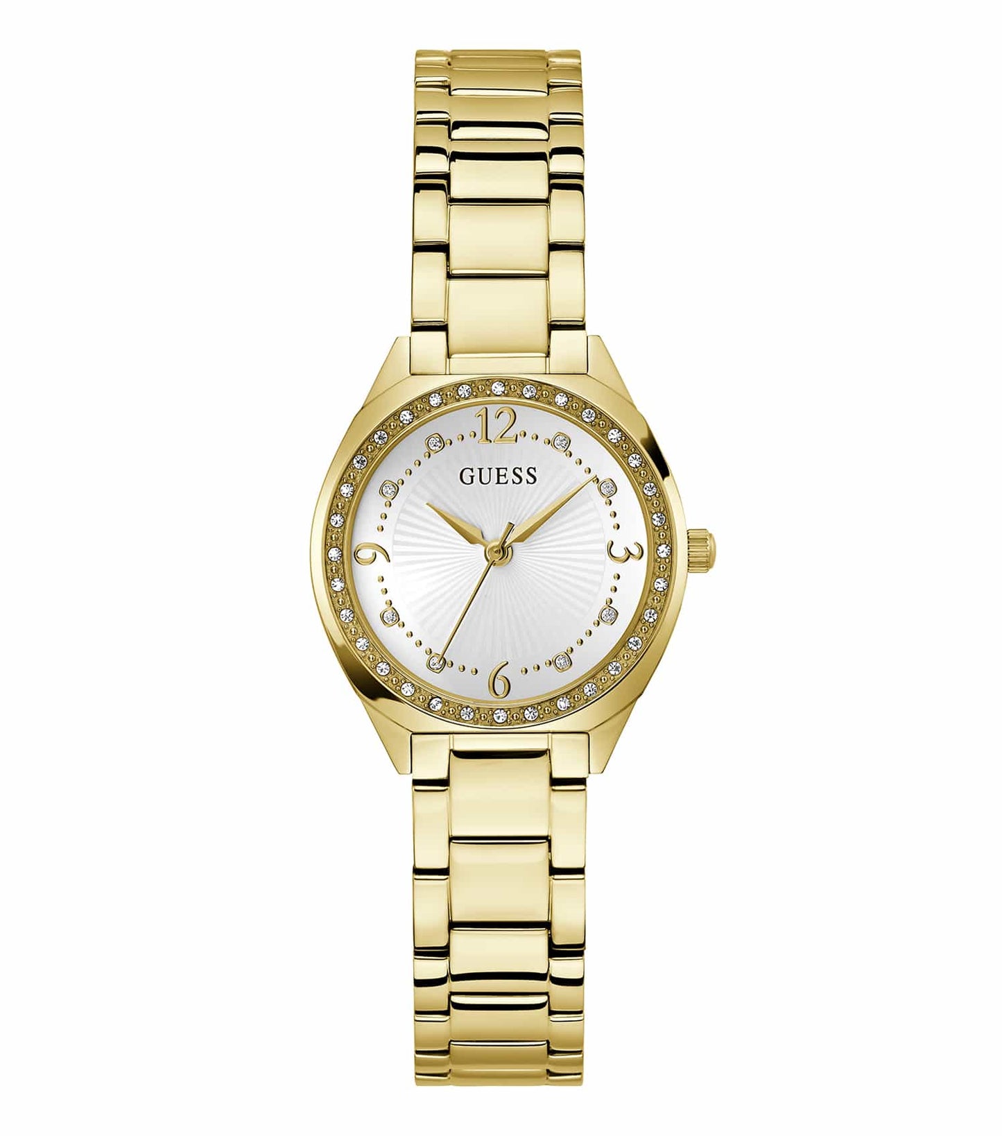 Guess quartz women's watch with a sparkling gold-tone design, elegant round face, and side view highlighting precise craftsmanship.