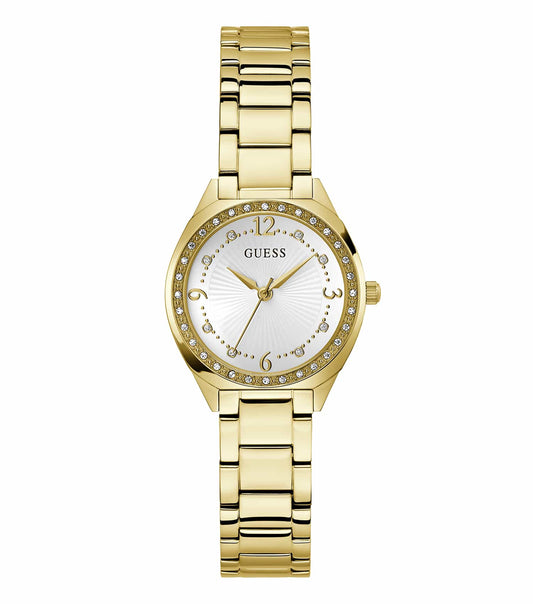 Guess quartz women's watch with a sparkling gold-tone design, elegant round face, and side view highlighting precise craftsmanship.