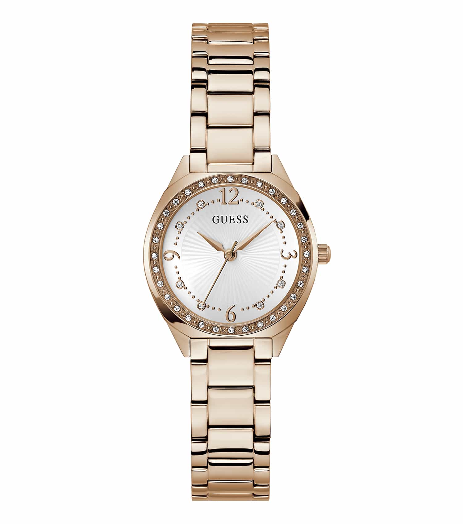 Stylish Guess watch in none color, featuring sleek design and minimalist face captured at a slight diagonal angle.