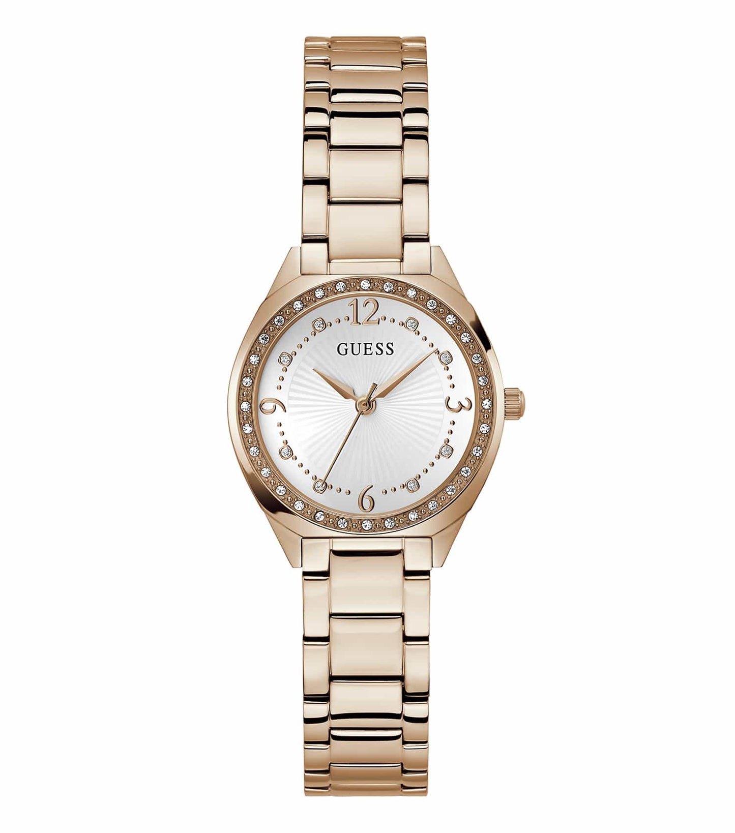 Stylish Guess watch in none color, featuring sleek design and minimalist face captured at a slight diagonal angle.