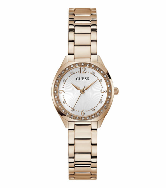 Stylish Guess watch in none color, featuring sleek design and minimalist face captured at a slight diagonal angle.