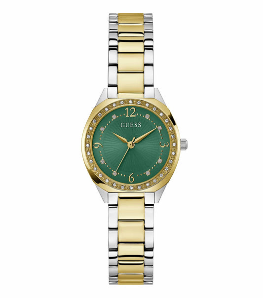 GUESS quartz watch in soft pink color, top-down view, highlighting the elegant round face and sleek gold accents.