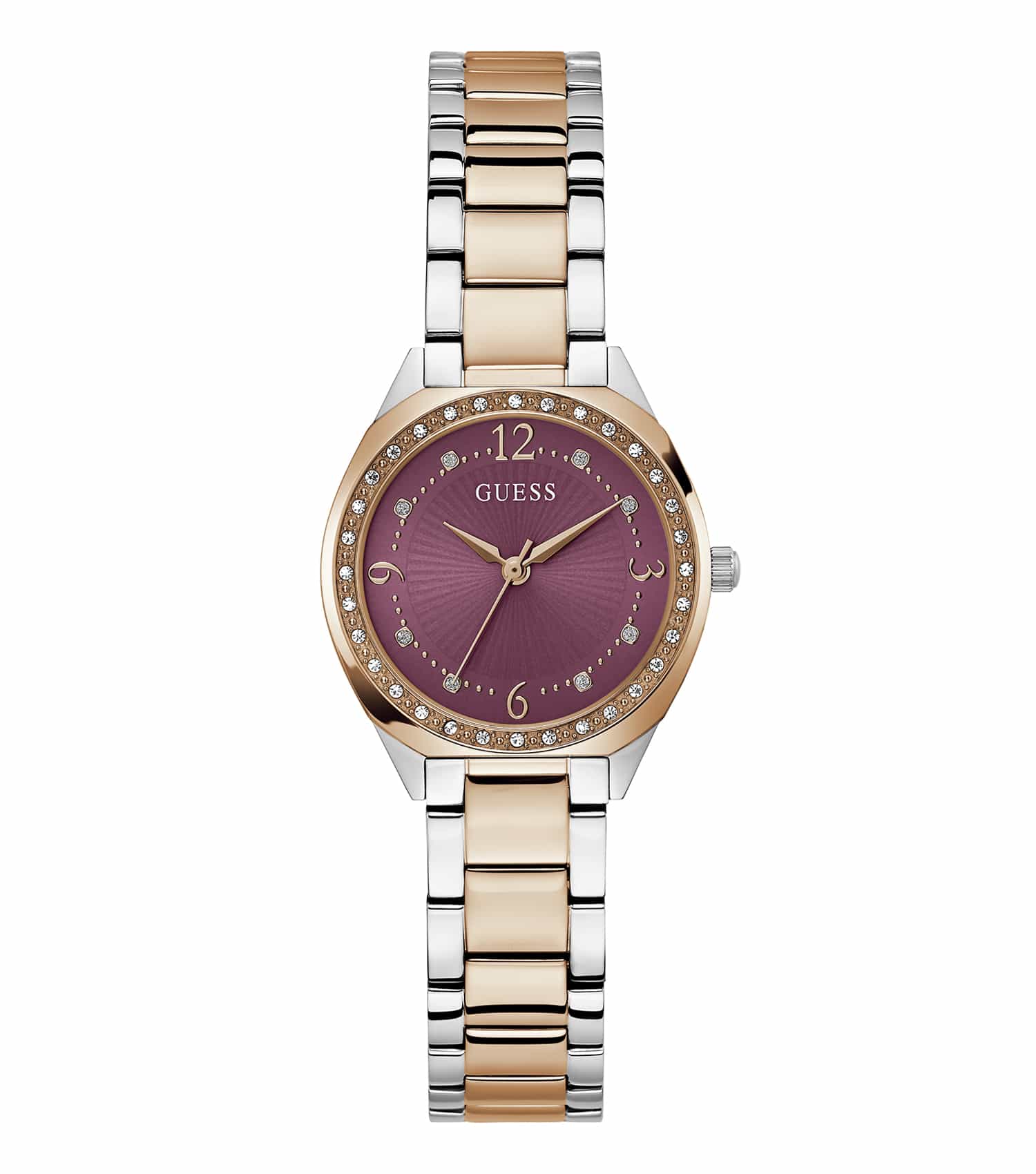 GUESS watch in a pale color, elegantly displayed at a 30-degree angle, showcasing its luxurious design and craftsmanship.