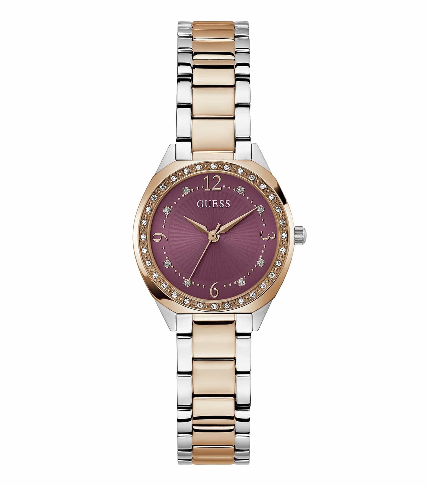 GUESS watch in a pale color, elegantly displayed at a 30-degree angle, showcasing its luxurious design and craftsmanship.