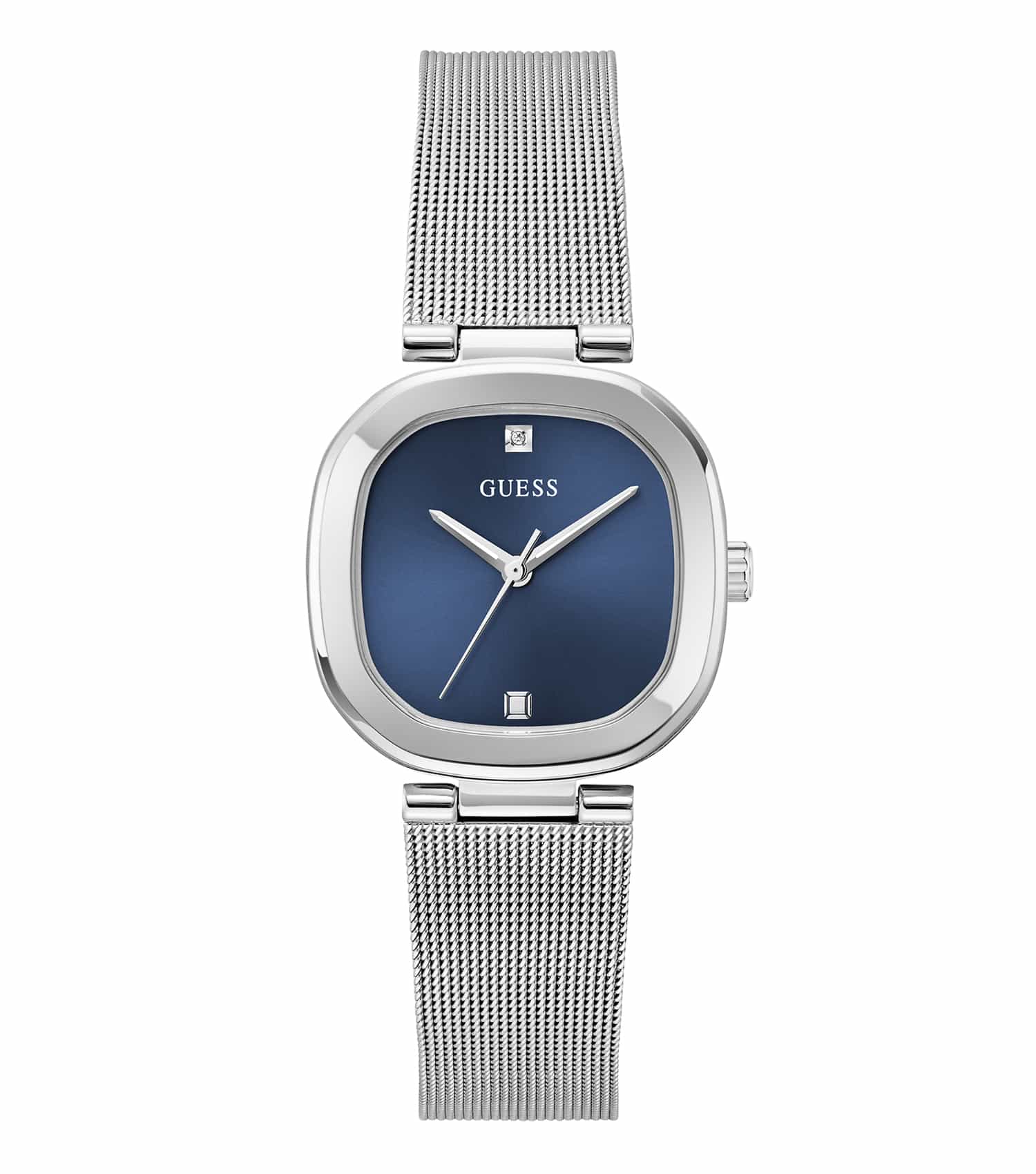 Guess watch GW0768L1 in gold on a white background, showcasing a classic round dial and elegant bracelet design, angled left side view.