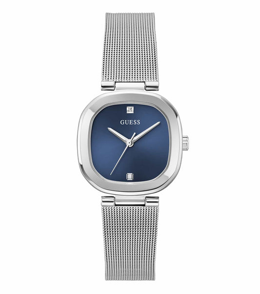 Guess watch GW0768L1 in gold on a white background, showcasing a classic round dial and elegant bracelet design, angled left side view.
