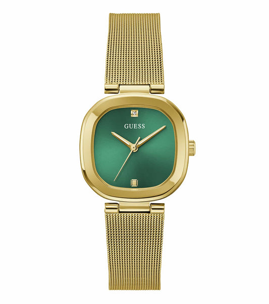 Guess watch in elegant Eve color at a side angle, showcasing its stylish design and sparkling embellishments against a neutral background.