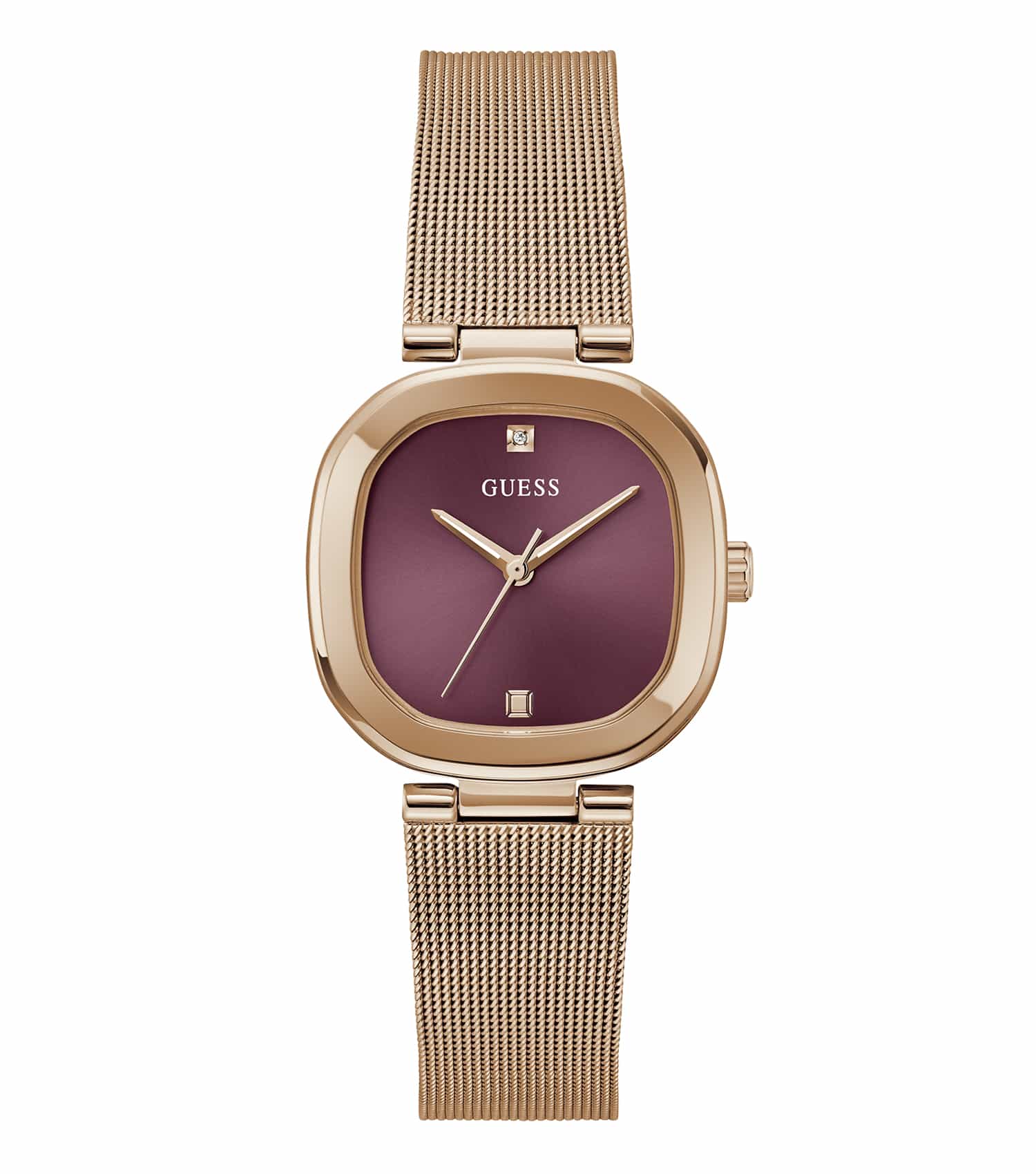 GUESS watch, rose-gold tone, elegant analog design, shown at a 45-degree angle, featuring a sleek bracelet strap and minimalist face.