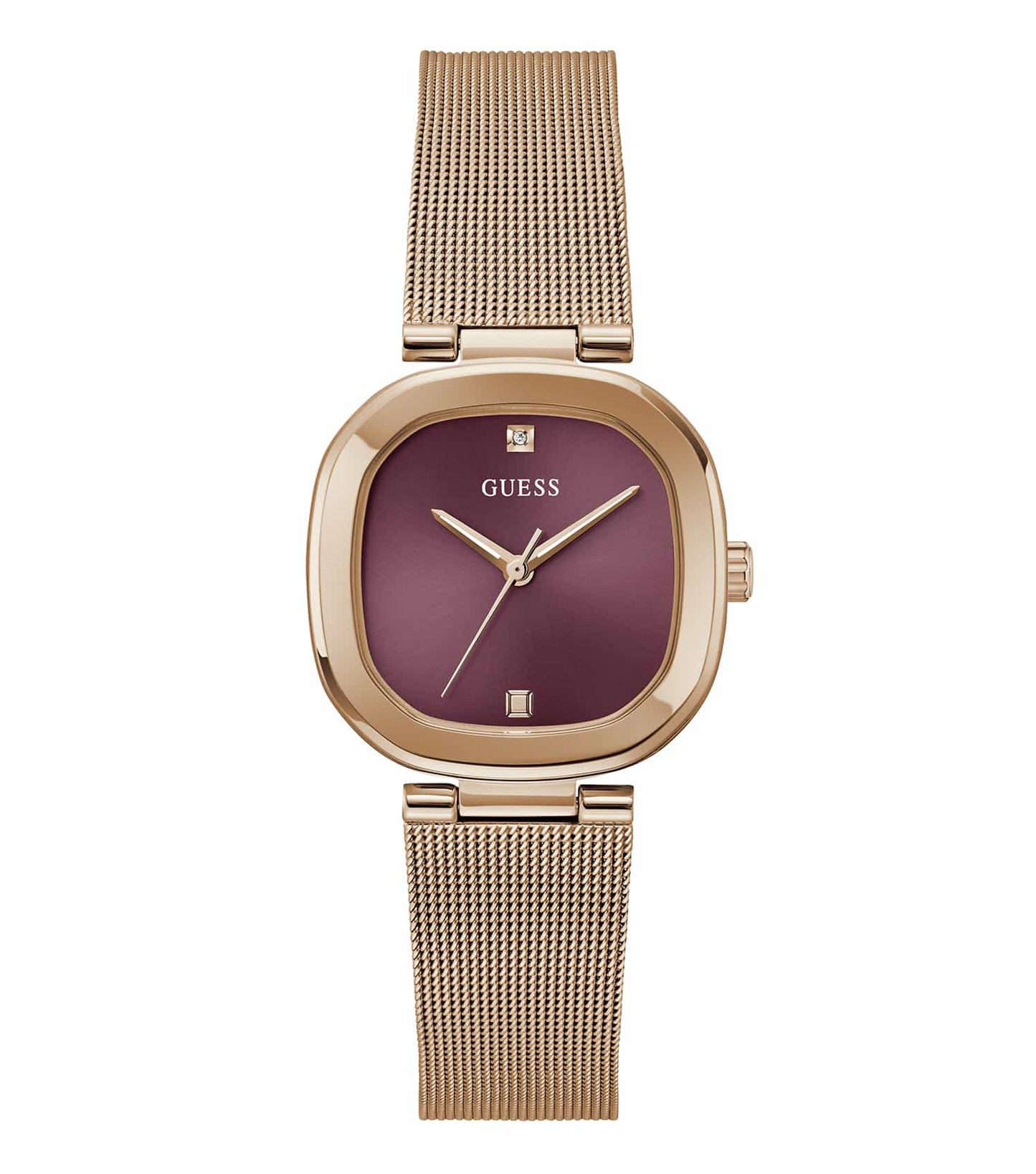 GUESS watch, rose-gold tone, elegant analog design, shown at a 45-degree angle, featuring a sleek bracelet strap and minimalist face.