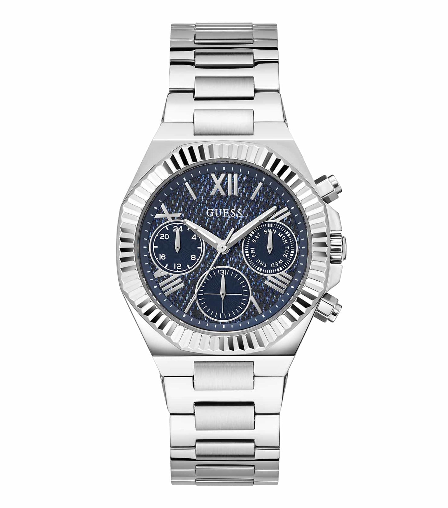 Guess Equality Quartz watch with a gold-tone case at a 3/4 angle, showcasing its elegant black dial and sleek design.