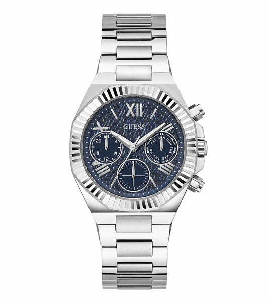 Guess Equality Quartz watch with a gold-tone case at a 3/4 angle, showcasing its elegant black dial and sleek design.