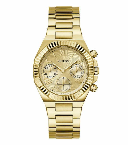 GUESS Quartz Watch in a golden hue, angled view showcasing elegant dial details and sleek, luminous wristband for style enthusiasts.