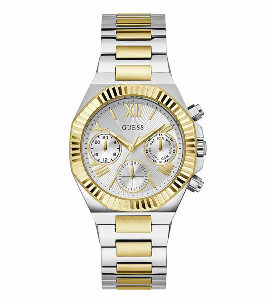 GUESS Watch Quartz GW0769L3 - Elegant front angle view of rose gold watch with detailed dial and sleek bracelet design.